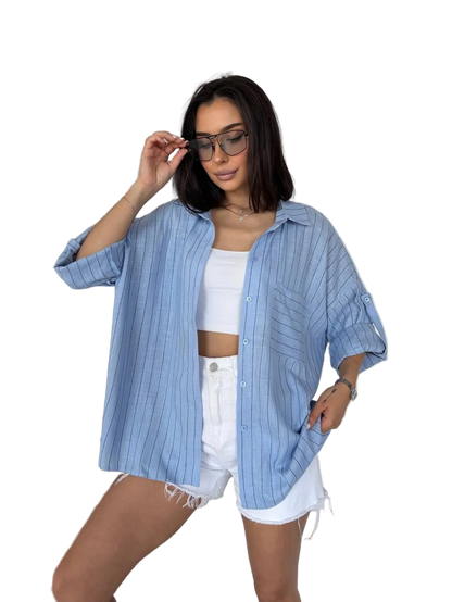 Light Blue Striped Oversized Shirt for Women Loose Fit Button Up Roll Sleeve