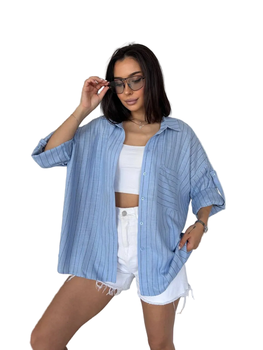 Light Blue Striped Oversized Shirt for Women Loose Fit Button Up Roll Sleeve