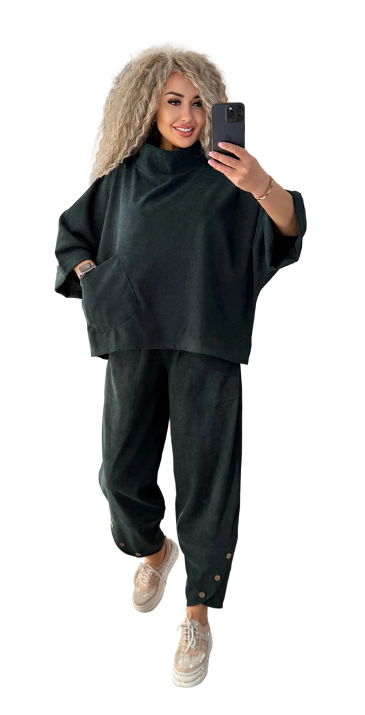 Boho Two Piece Suit Women Dark Green Oversized Top Elastic Waist Pants