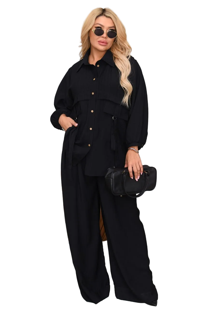 Black Crinkled Linen Two Piece Suit Women Oversized Shirt Wide Leg Pants