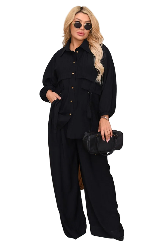 Black Crinkled Linen Two Piece Suit Women Oversized Shirt Wide Leg Pants