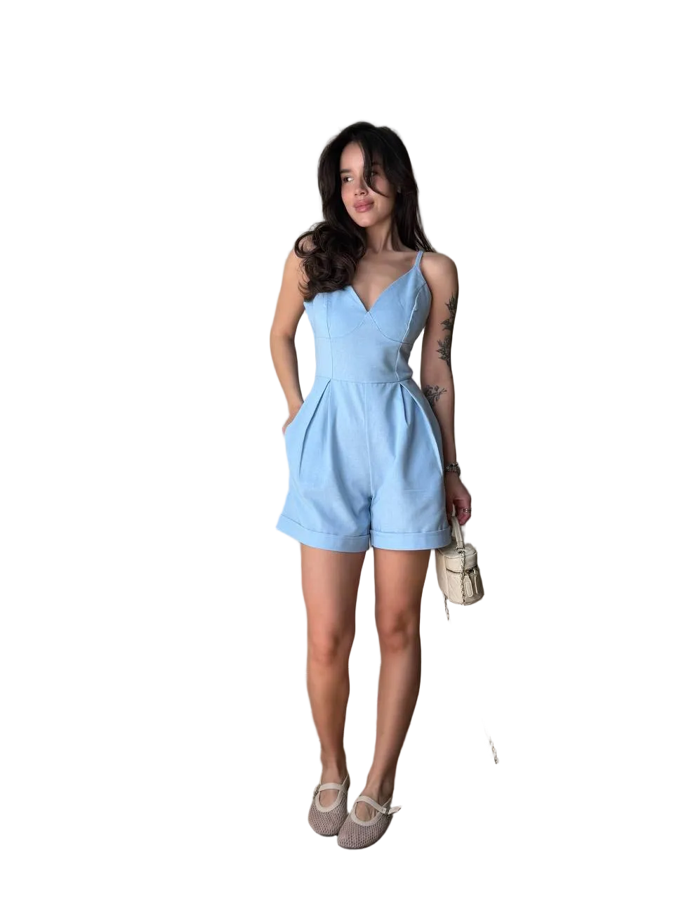 Womens Linen Romper Jumpsuit Light Blue Spaghetti Strap Off Shoulder