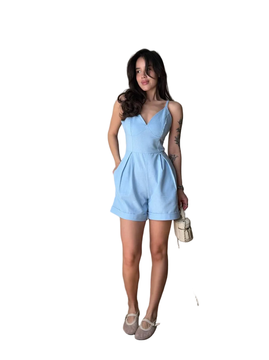 Womens Linen Romper Jumpsuit Light Blue Spaghetti Strap Off Shoulder