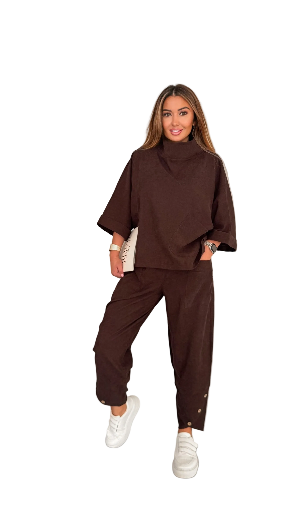 Boho Brown Two Piece Womens Suit Relaxed Fit Top And Elastic Waist Pants