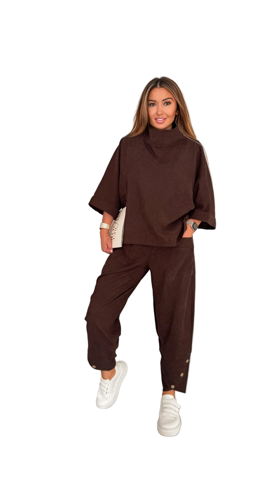 Boho Brown Two Piece Womens Suit Relaxed Fit Top And Elastic Waist Pants