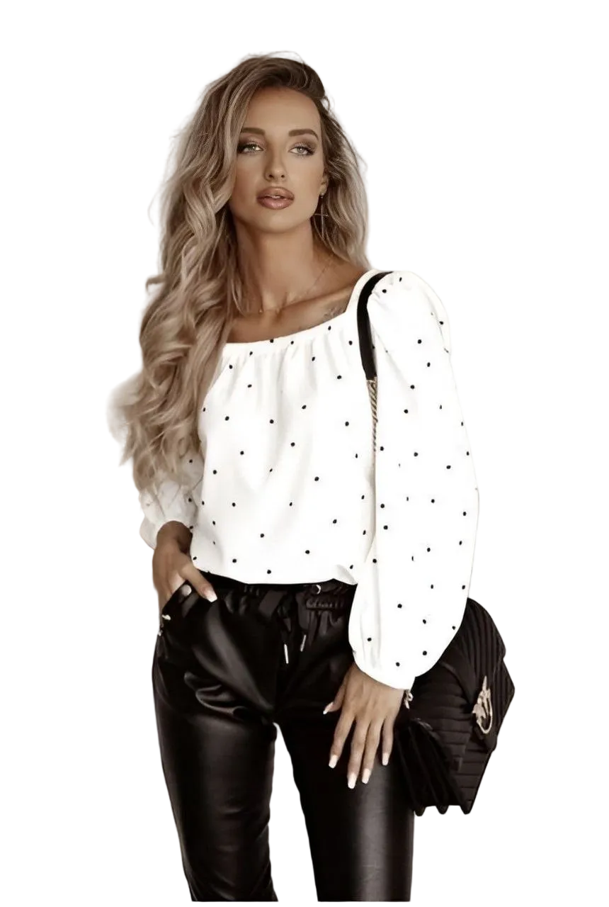 White Polka Dot Blouse Women Puffed Sleeve Soft Fabric Back Bow