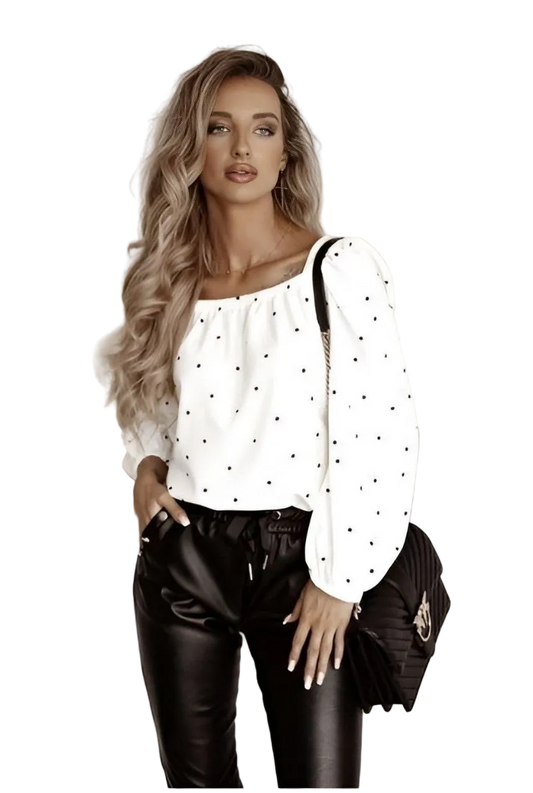 White Polka Dot Blouse Women Puffed Sleeve Soft Fabric Back Bow