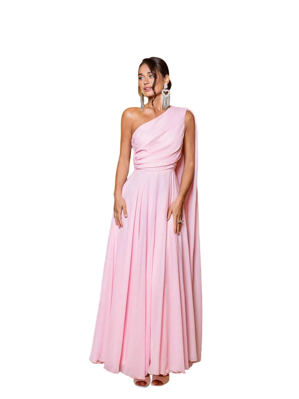 One Shoulder Chiffon Evening Gown Light Pink Floor Length