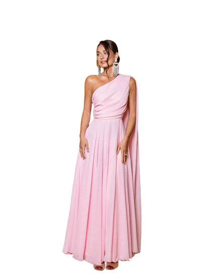One Shoulder Chiffon Evening Gown Light Pink Floor Length