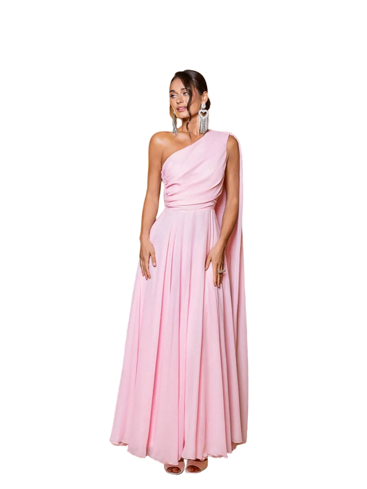 One Shoulder Chiffon Evening Gown Light Pink Floor Length