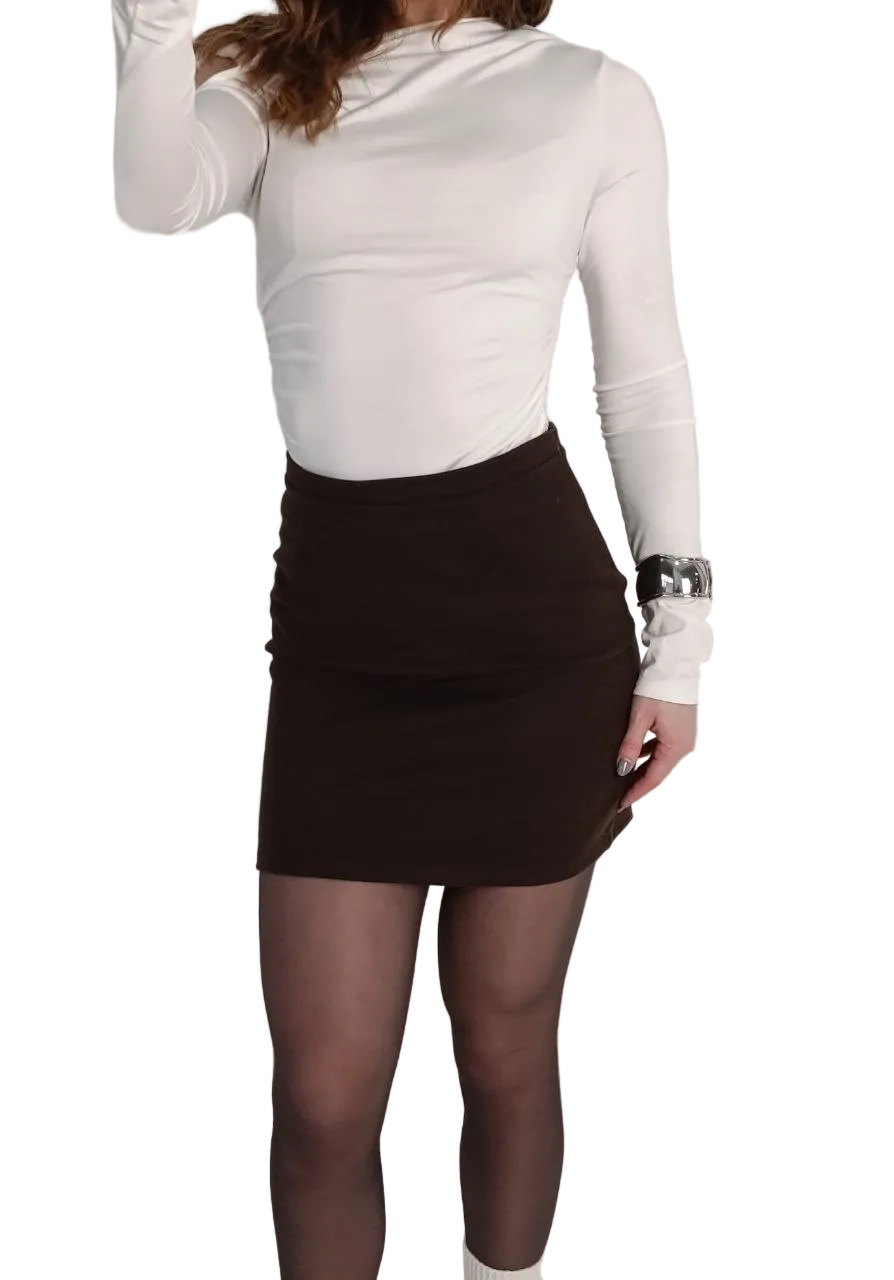 Brown Wool Knit Mini Skirt Warm Wool Blend Hidden Side Zipper