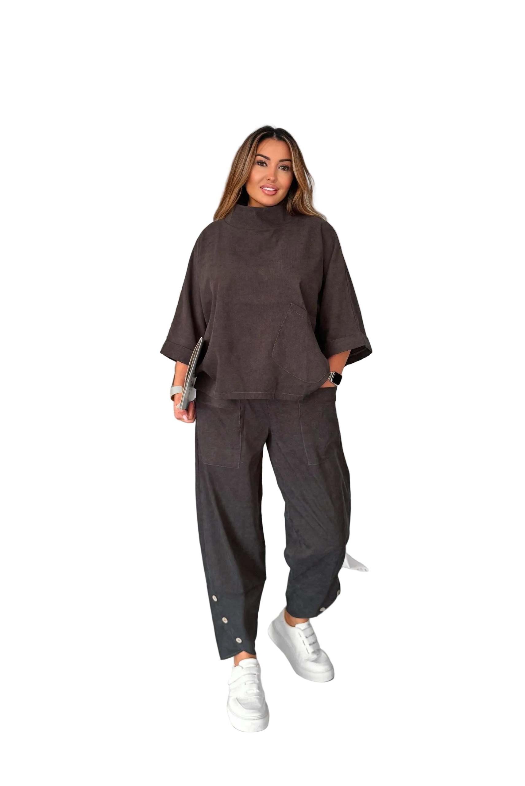Boho Two Piece Suit for Women Dark Brown Relaxed Top Elastic Waist Pants