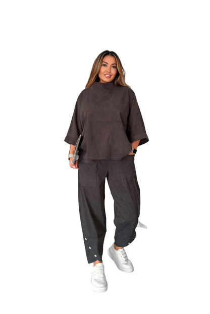 Boho Two Piece Suit for Women Dark Brown Relaxed Top Elastic Waist Pants