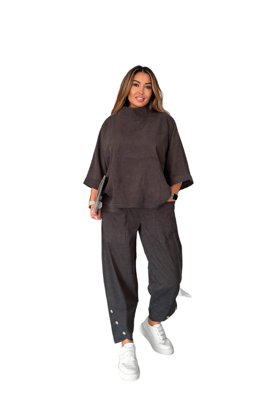 Boho Two Piece Suit for Women Dark Brown Relaxed Top Elastic Waist Pants