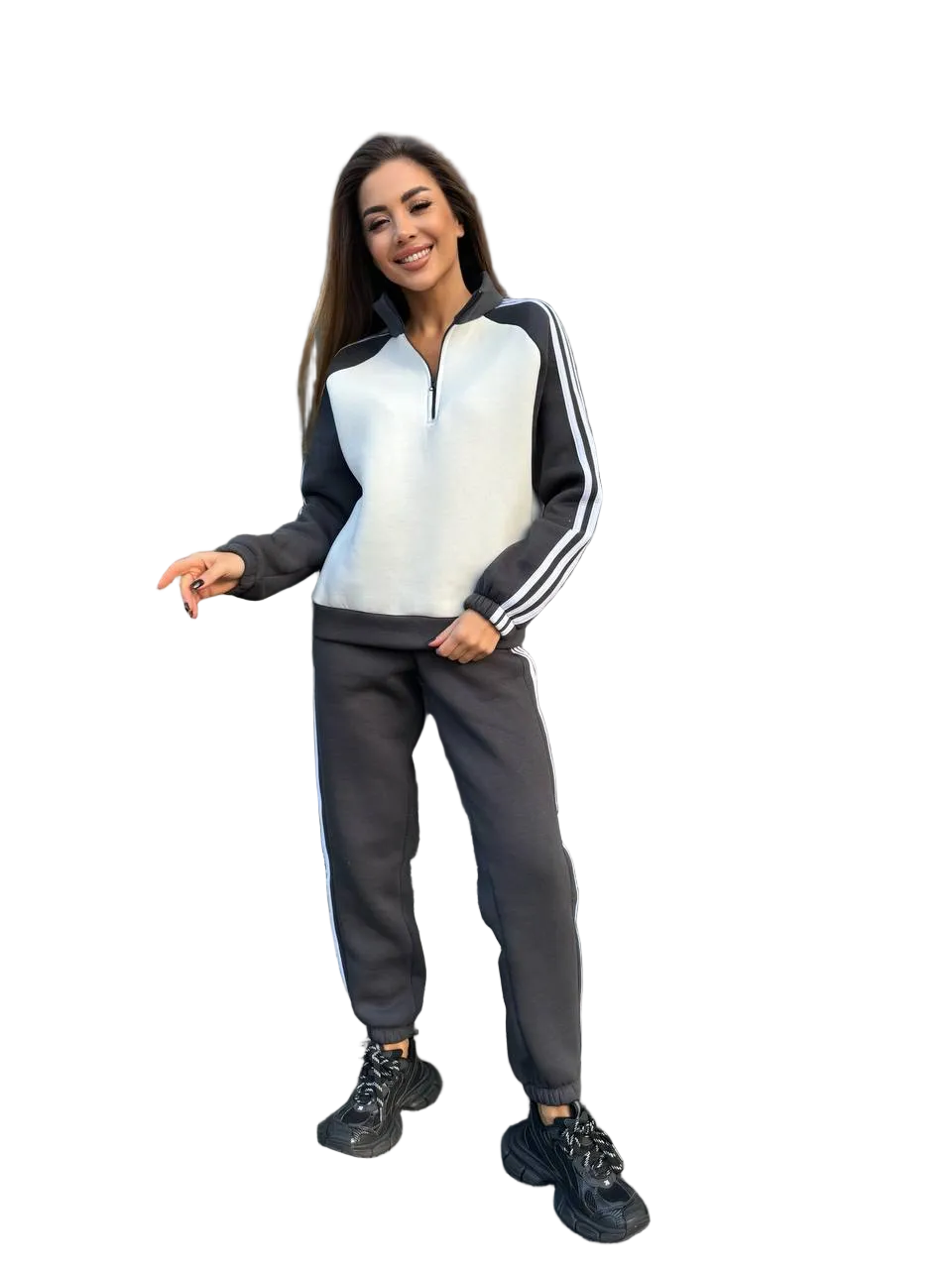 Black and White Fleece Tracksuit Women Two Tone Zip Sweatshirt and Joggers