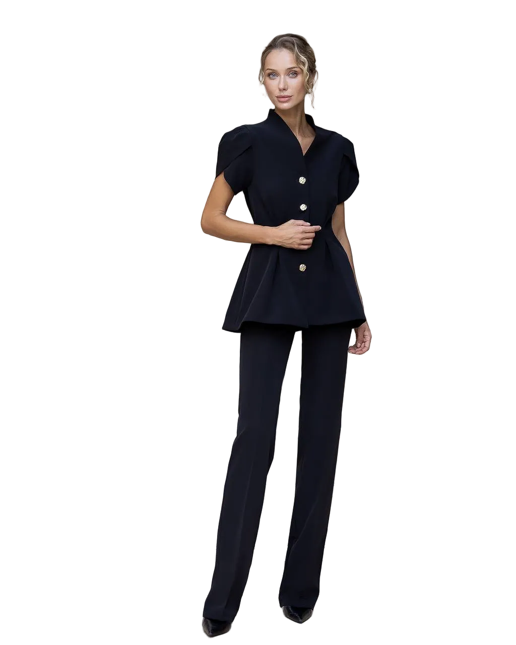 Womens Tailored Suit with Puff Sleeve Jacket and Wide Leg Trousers