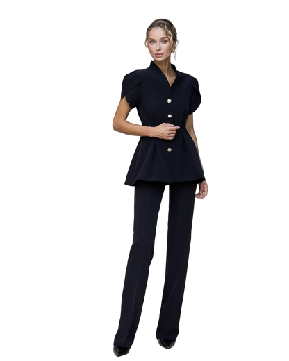 Womens Tailored Suit with Puff Sleeve Jacket and Wide Leg Trousers