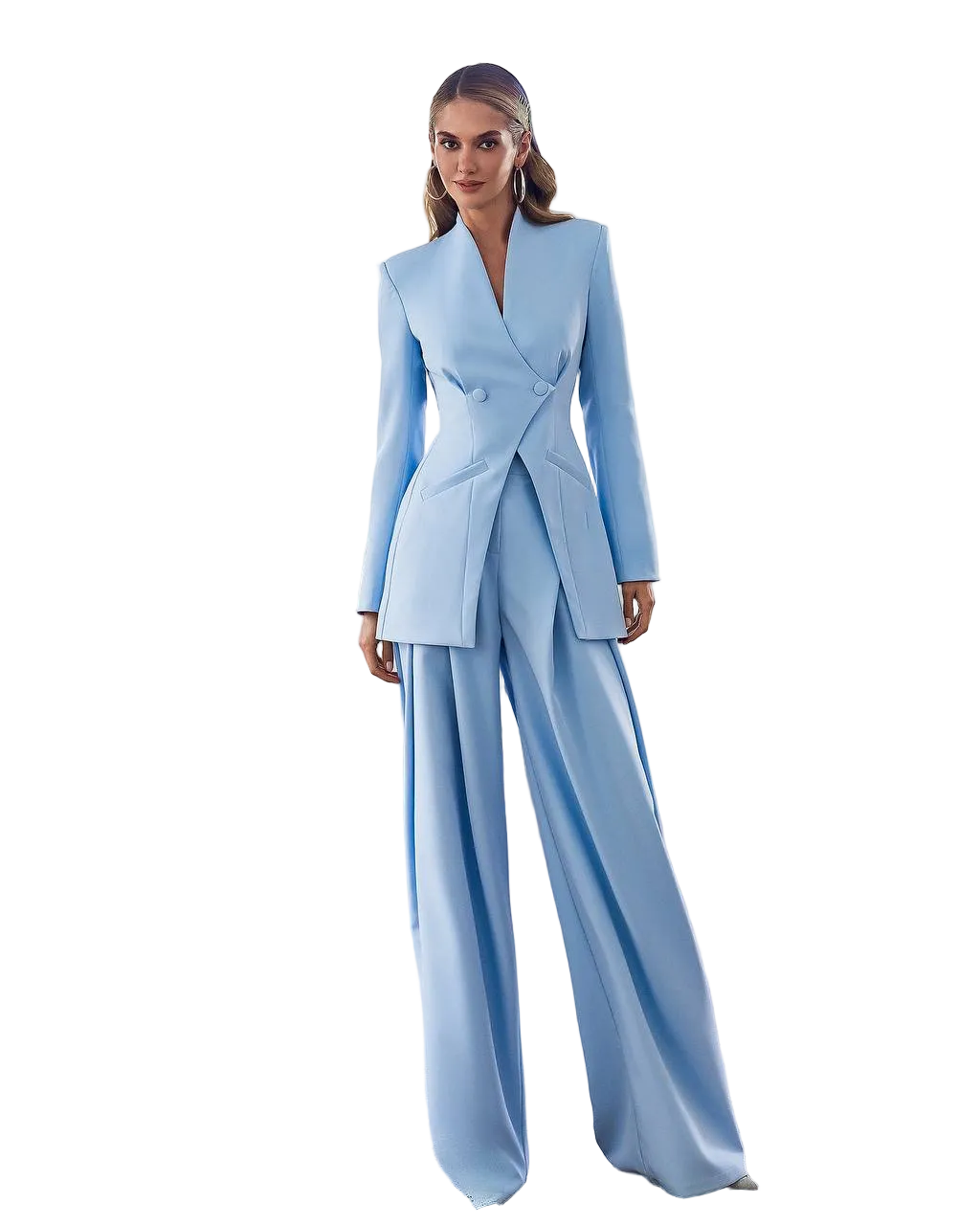 Light Blue Womens Tailored Suit Premium Crepe Diagonal Blazer And Wide Leg Trousers