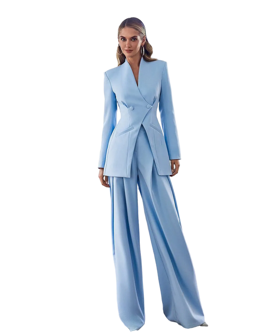 Light Blue Womens Tailored Suit Premium Crepe Diagonal Blazer And Wide Leg Trousers