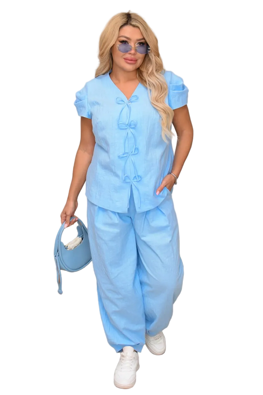 Two Piece Womens Crinkled Linen Suit Light Blue Short Sleeve Jacket Bow Closures Elastic Waist Pants