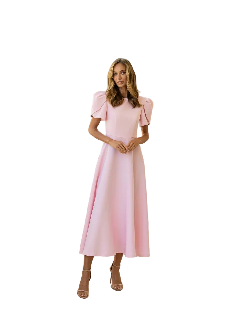 Elegant Midi Dress with Puff Sleeves Diagonal Crepe Fabric