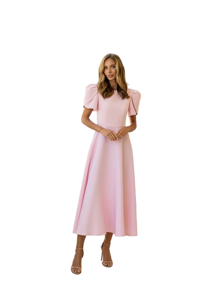 Elegant Midi Dress with Puff Sleeves Diagonal Crepe Fabric