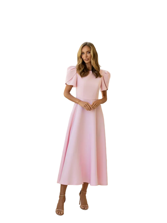 Elegant Midi Dress with Puff Sleeves Diagonal Crepe Fabric
