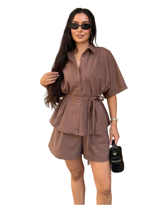 Brown Linen Two Piece Set Women Oversize Shirt And Shorts Summer Suit
