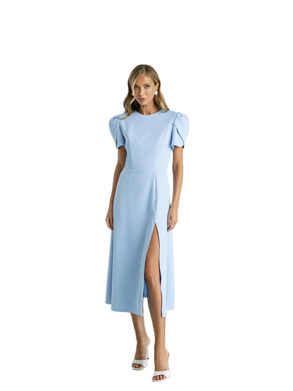 Puff Sleeve Midi Dress with Side Slit Elegant Crepe Occasion Dress