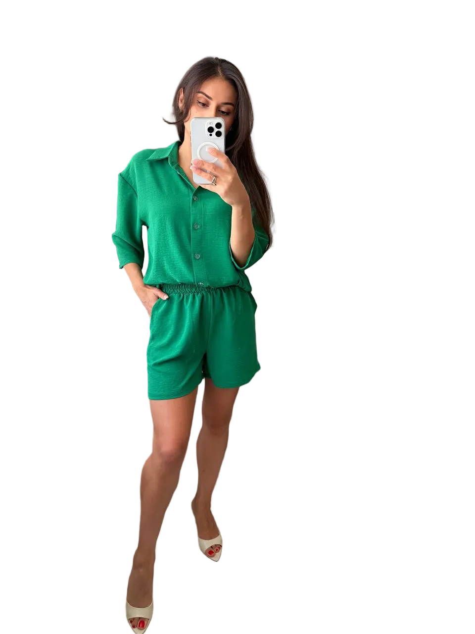 Green Three Piece Womens Suit Krep Zhatka Crepe Shirt Tank Shorts