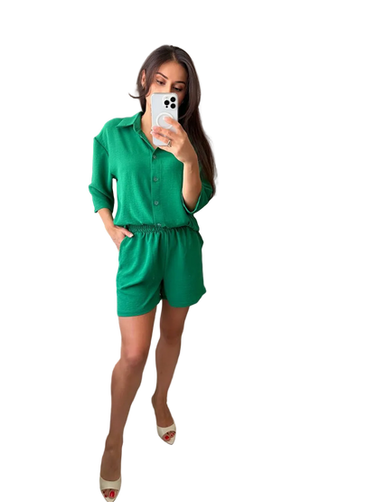 Green Three Piece Womens Suit Krep Zhatka Crepe Shirt Tank Shorts