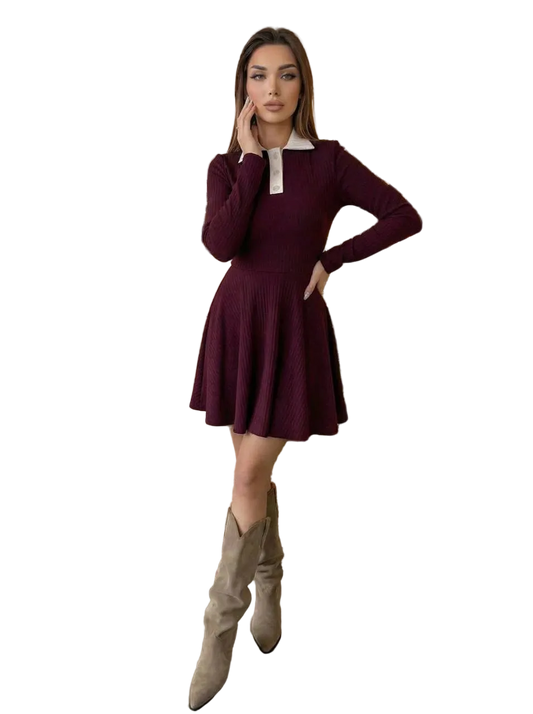 Burgundy Knit Fit and Flare Dress with Collar Cozy Sweater Dress
