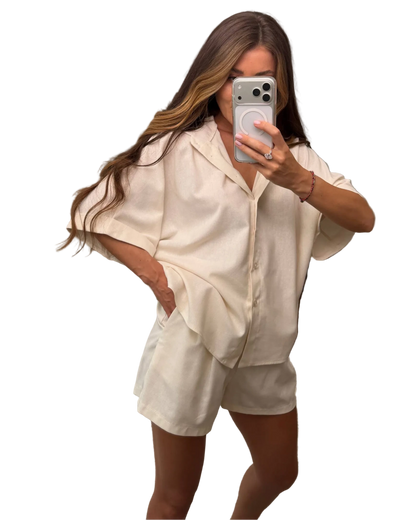 Beige Linen Two Piece Suit for Women Relaxed Shirt and Shorts Summer Set