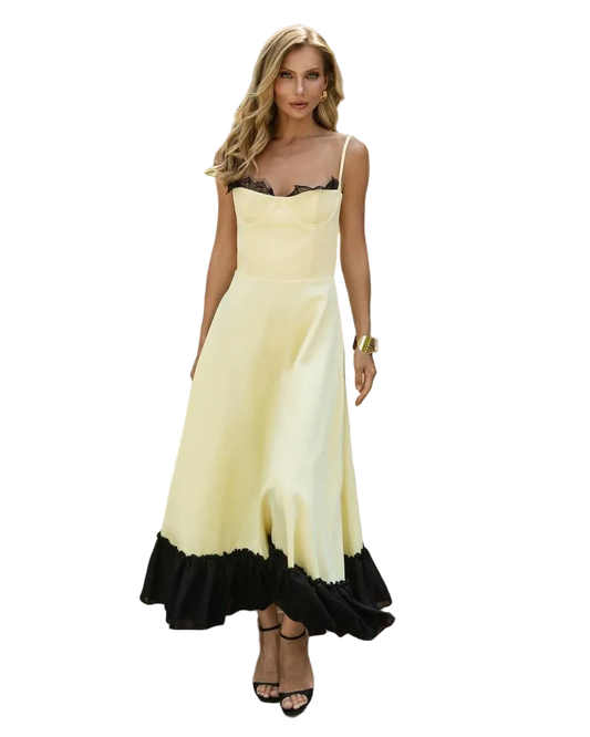 Diagonal Crepe Lace Chiffon Spaghetti Strap Ruffle Hem Dress