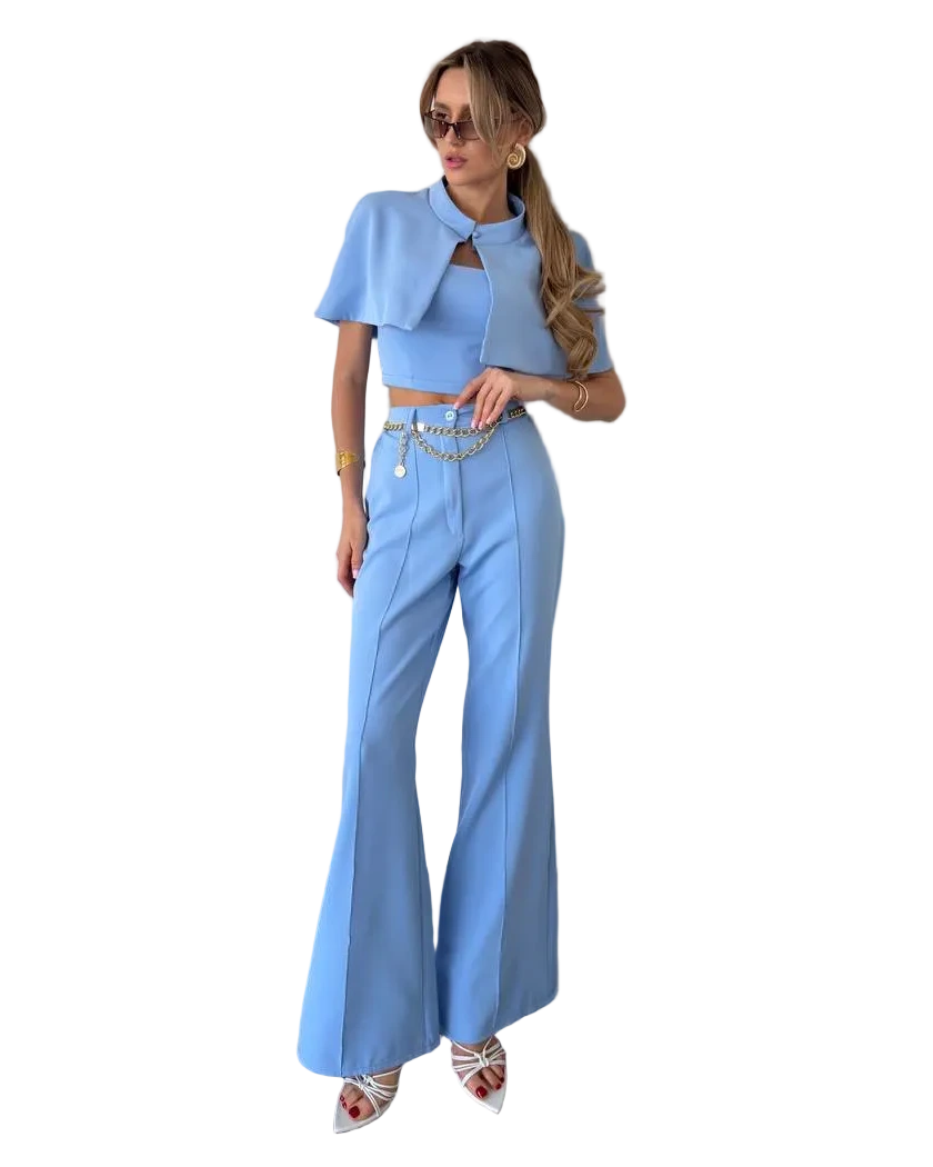 Womens Light Blue Three Piece Suit Cape Crop Top High Waist Flared Pants