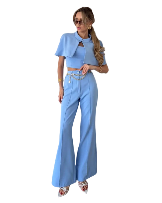 Womens Light Blue Three Piece Suit Cape Crop Top High Waist Flared Pants