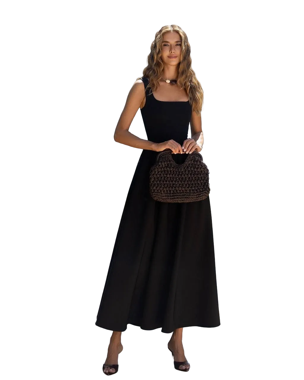 Black Maxi Dress Premium Suiting Crepe Diagonal Square Neck Sleeveless Elegant Evening Dress