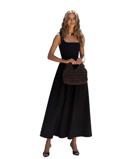 Black Maxi Dress Premium Suiting Crepe Diagonal Square Neck Sleeveless Elegant Evening Dress