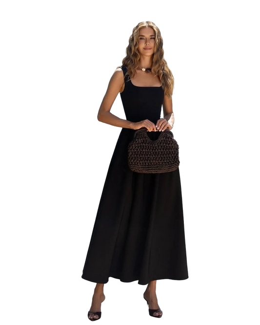 Black Maxi Dress Premium Suiting Crepe Diagonal Square Neck Sleeveless Elegant Evening Dress