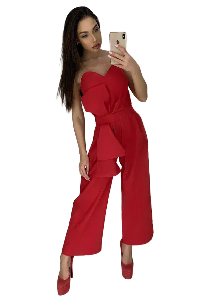 SALE Red Strapless Jumpsuit Wide Leg Crepe Diagonal Evening Jumpsuit