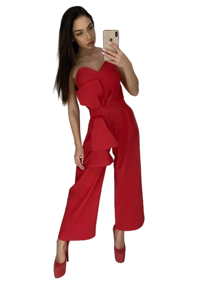 SALE Red Strapless Jumpsuit Wide Leg Crepe Diagonal Evening Jumpsuit