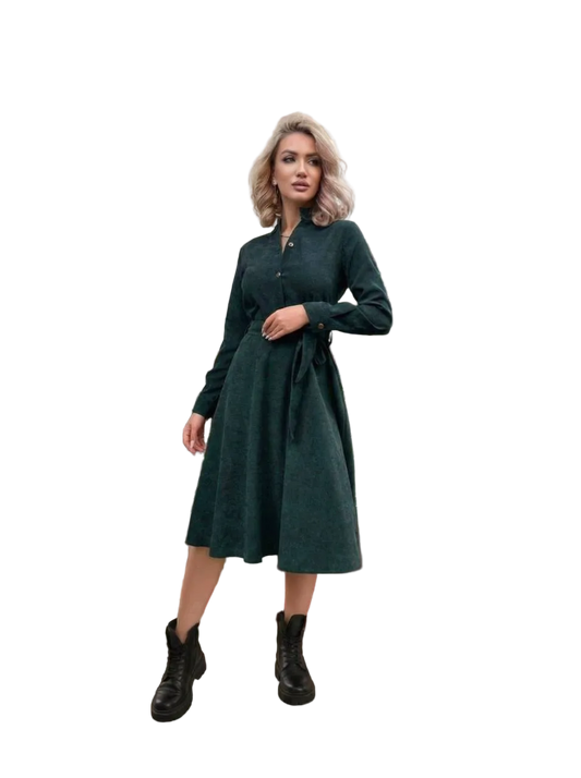 Dark Green Microvelvet Midi Dress Tie Waist Shirt Dress Long Sleeve Elegant