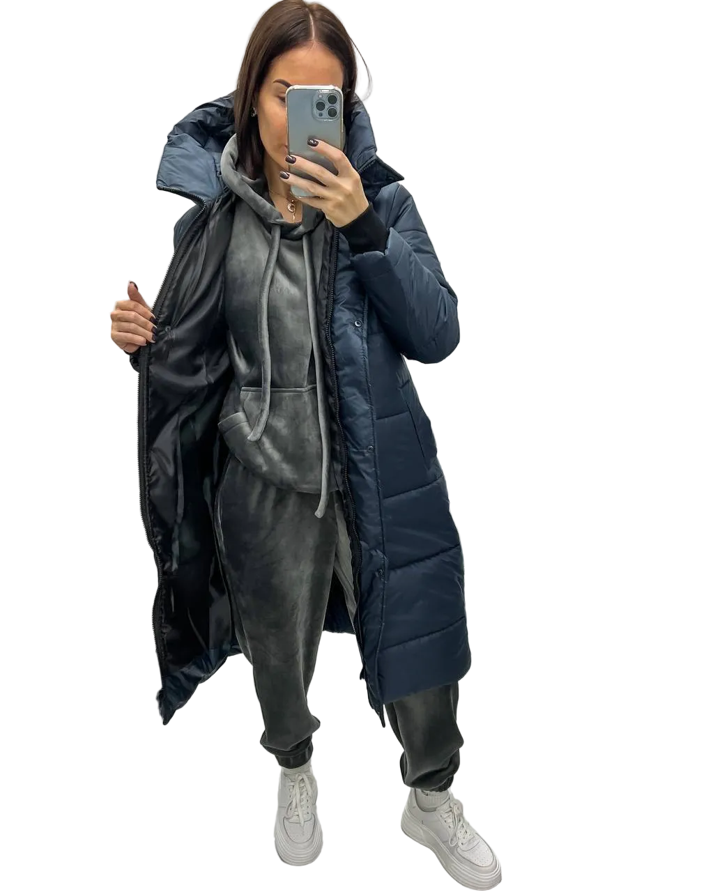 Navy Hooded Long Winter Quilted Jacket Puffer Coat