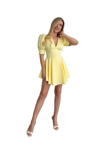 Yellow Corset Jumpsuit Dress with Built In Shorts and Flared Skirt