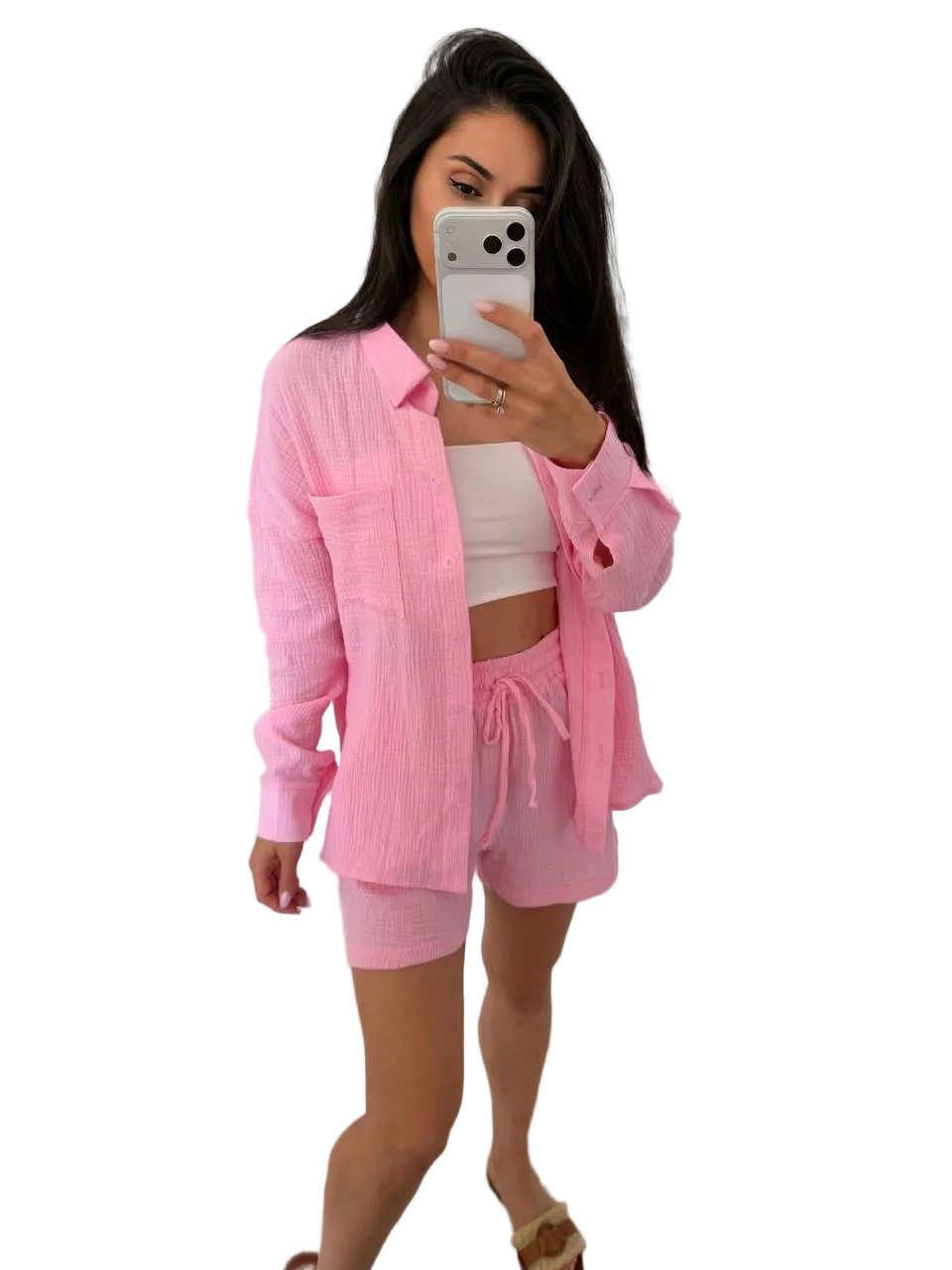 Womens Muslin Two Piece Set Pink Shirt And Shorts Summer Suit