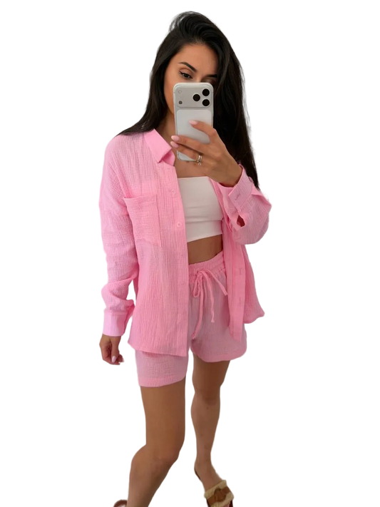 Womens Muslin Two Piece Set Pink Shirt And Shorts Summer Suit