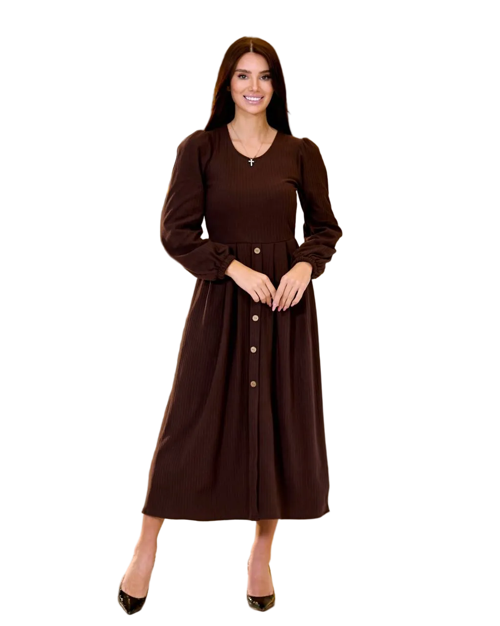Brown Ribbed Midi Dress Stretch Knit Long Sleeve Button Front Elegant Dress