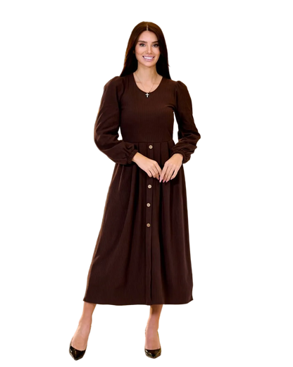 Brown Ribbed Midi Dress Stretch Knit Long Sleeve Button Front Elegant Dress