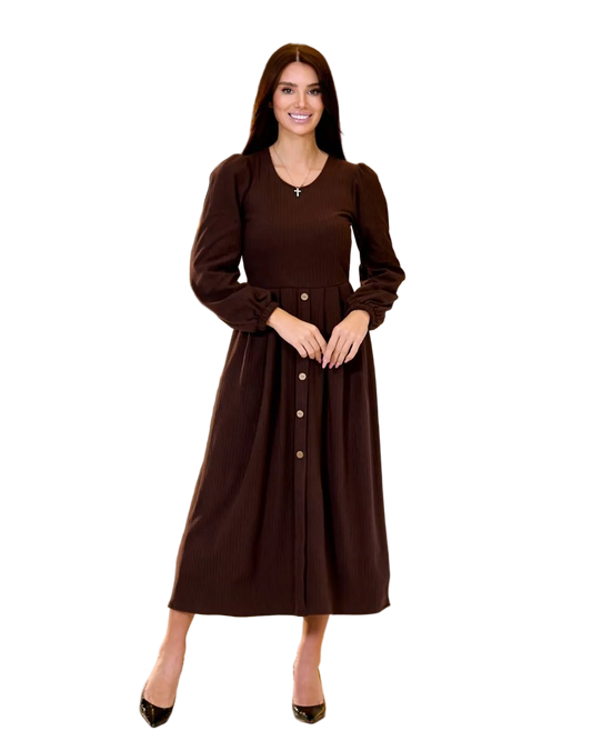 Brown Ribbed Midi Dress Stretch Knit Long Sleeve Button Front Elegant Dress