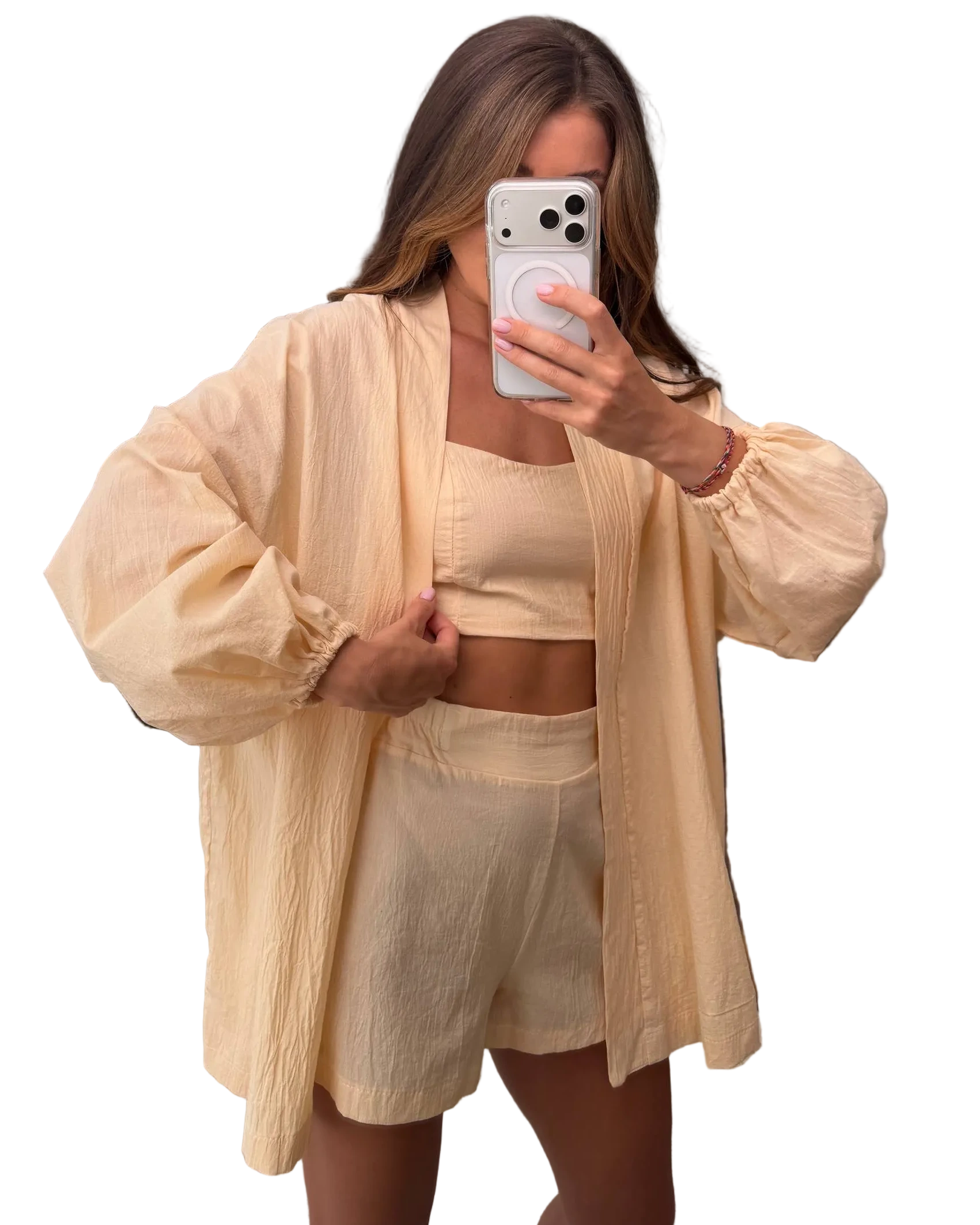 Womens Three Piece Cotton Batiste Set Beige Breathable Summer Suit